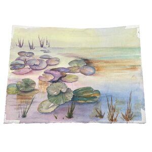 Lily Pond Watercolor Art work nature landscape purple green 15x11" READ